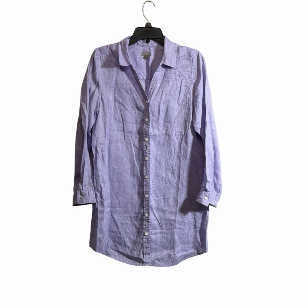 J. Jill Sz Med Linen Shirt Dress Button Down Lavender Long Sleeve V-Neck